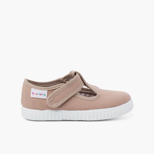 Scarpe Occhio di Bue T-Bar Bambini chiusura a strappo Taupe