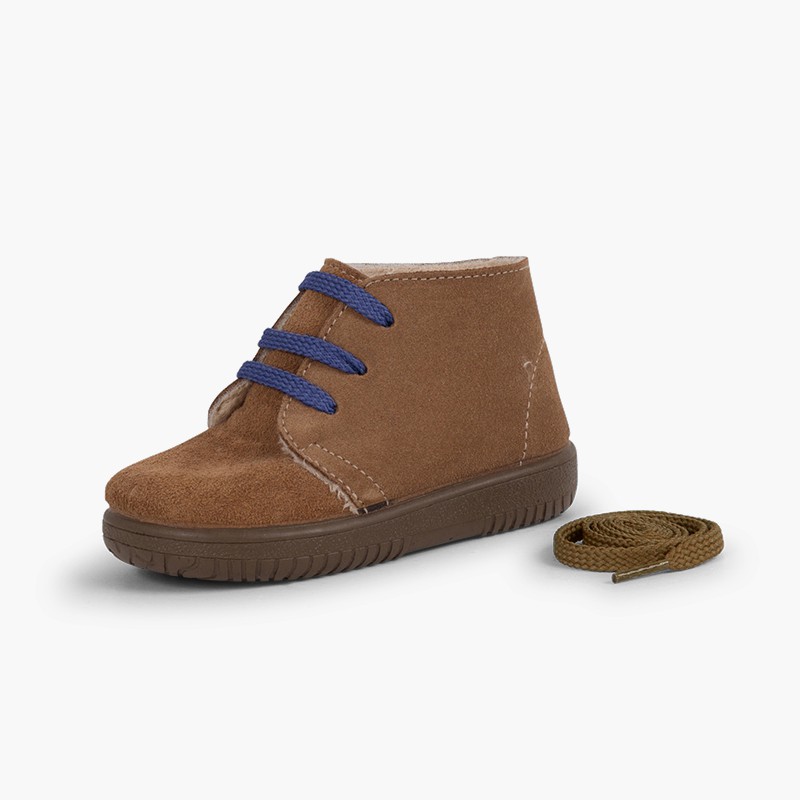 Scarponcini scamosciati bambini lacci e cuciture colorati Taupe