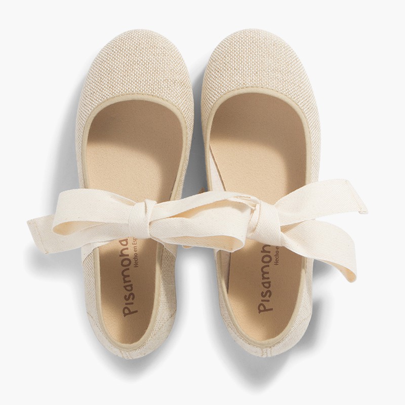 Scarpe con Cinturino Lino con Fiocco Ecru Lino