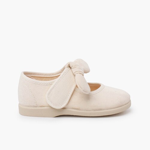 Scarpe con Cinturino a Fiocco Tela chiusura a strappo Ecru