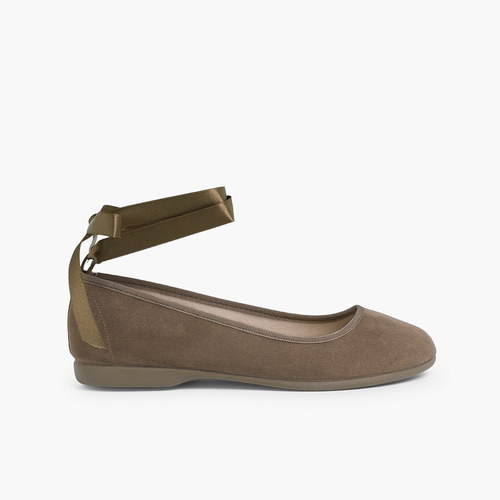 Ballerine Nastri Raso Chiusura Cinturino Taupe