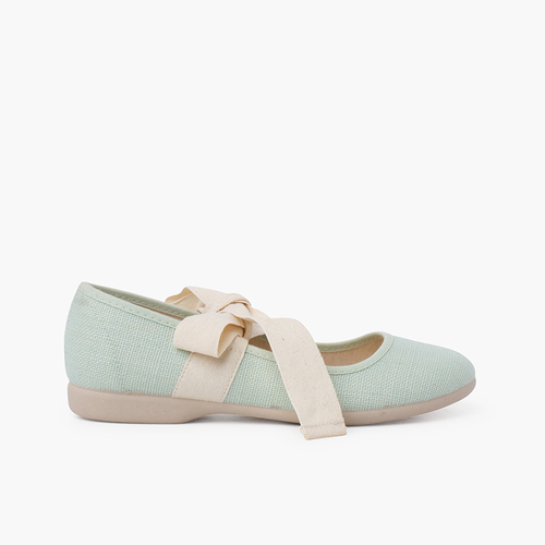Scarpe con Cinturino Lino con Fiocco Ecru Menta