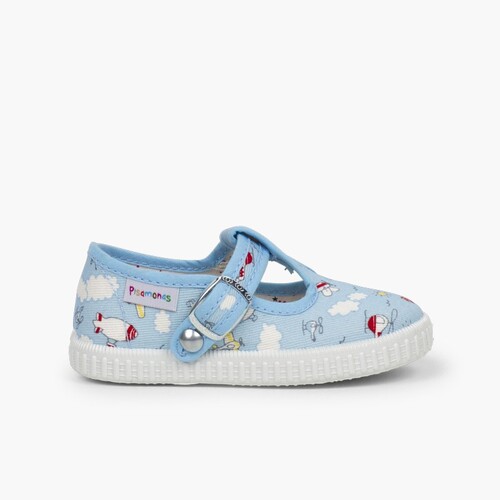 Scarpe T-bar stampate chiusura bottone Cielo Blu