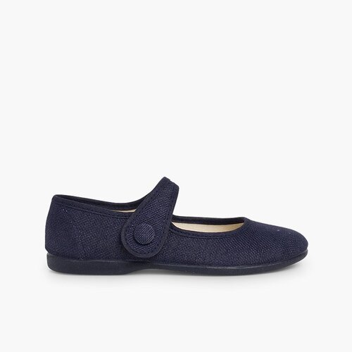 Scarpe con cinturino bambina lino chiusura a strappo bottone Blu