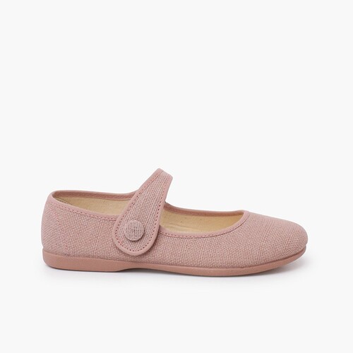 Scarpe con cinturino bambina lino chiusura a strappo bottone Rosa pallido