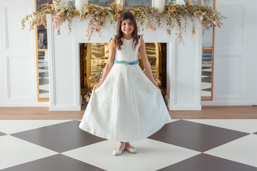 Ballerine bambina di lino con nastri e iuta 