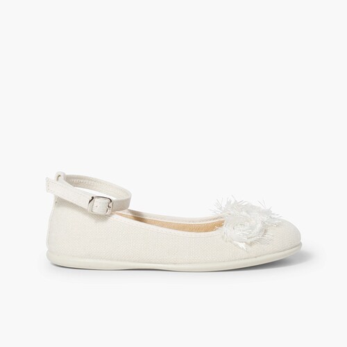 Ballerine lino cinturino con fiore Beige