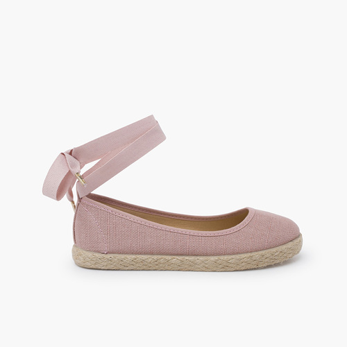 Ballerine bambina di lino con nastri e iuta  Rosa pallido
