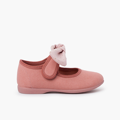 Scarpe con Cinturino Bambina Tela con Fiocco a Pois Rosa