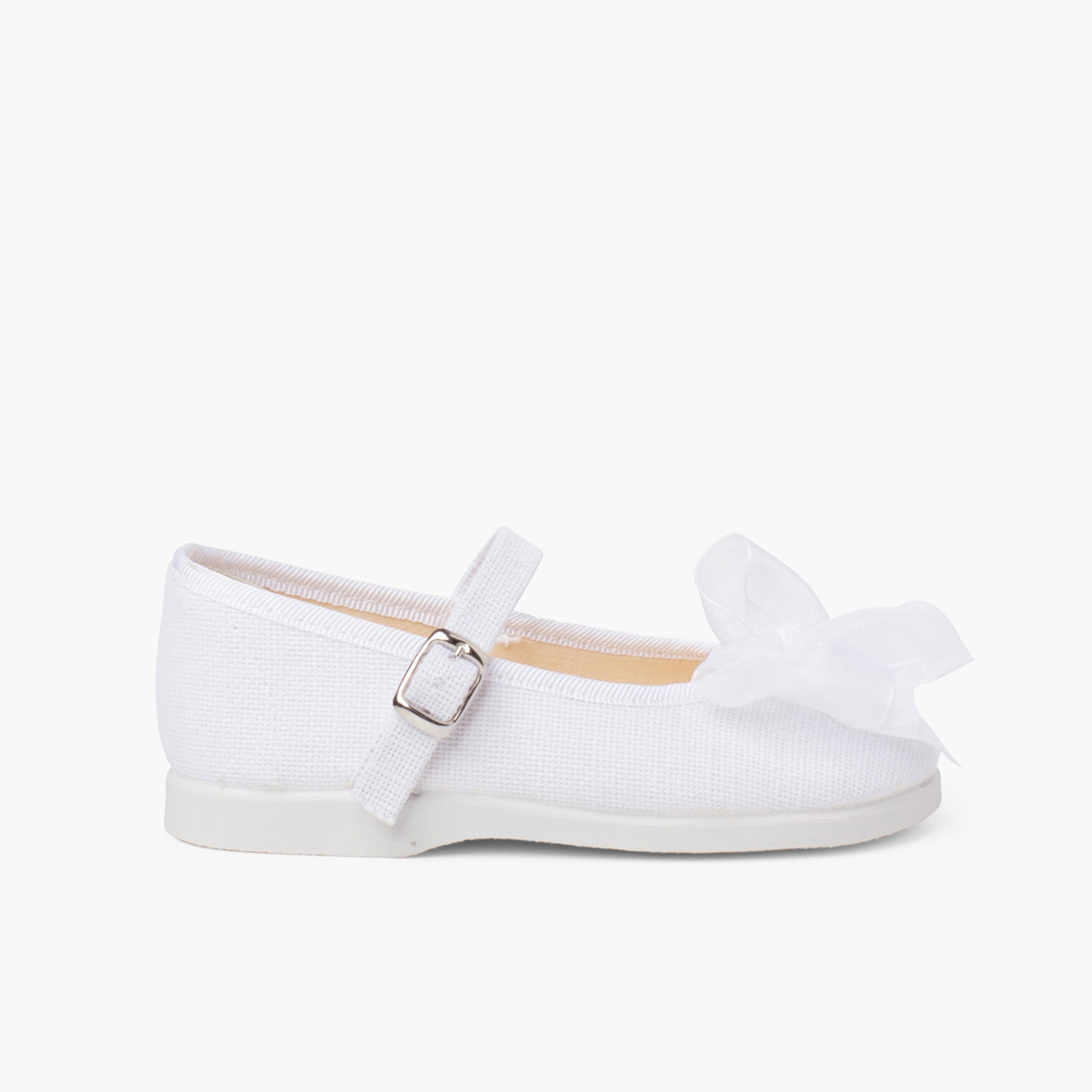 Ballerine cinturino lino fibbia fiocco organza Bianco