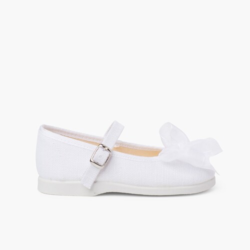 Ballerine cinturino lino fibbia fiocco organza Bianco