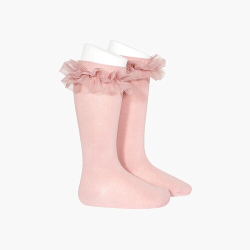  Calzini alti in tinta unita con fascia in tulle Rosa pallido