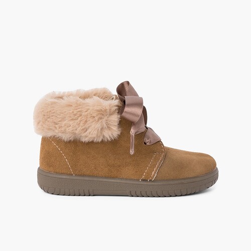 Stivaletti Bambina Scamosciati Collo Pelliccia Lacci Raso Taupe