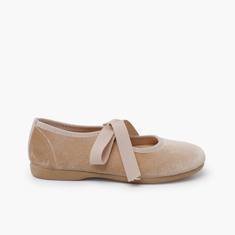 Scarpe cinturino in velluto con fiocco di faglia per bambine  Beige