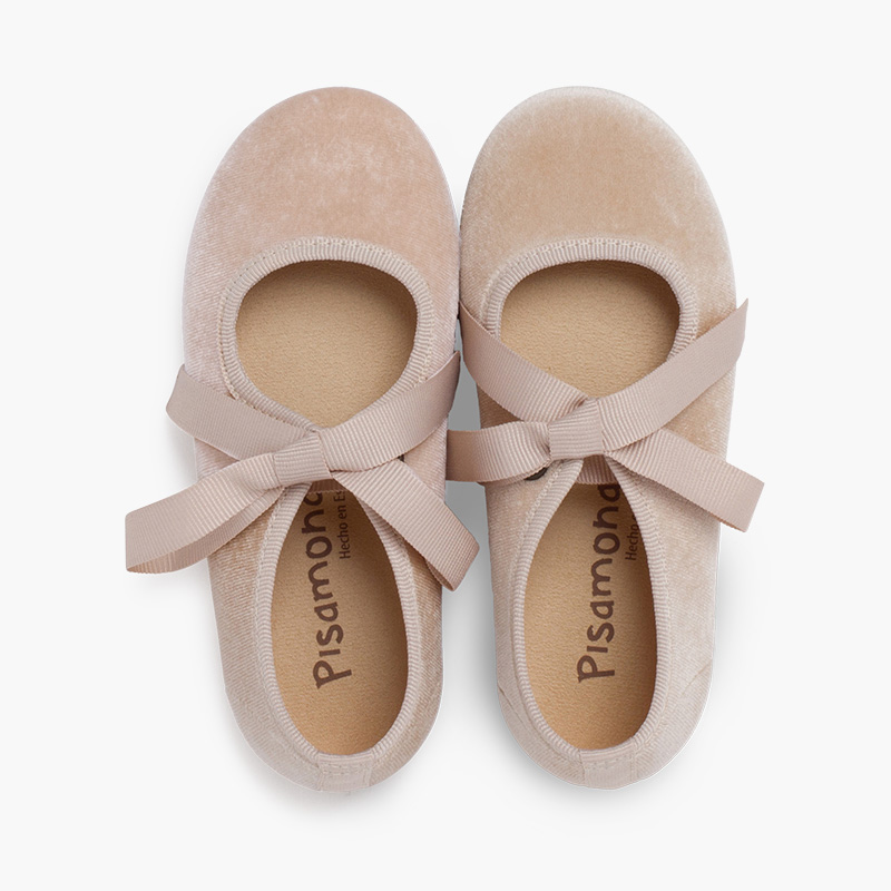 Scarpe cinturino in velluto con fiocco di faglia per bambine  Beige