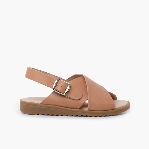 Sandali incrociato in pelle con cinturini larghi Beige