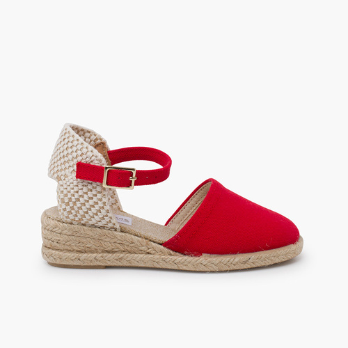 Espadrillas con zeppa per bambina e donna con fibbia Rosso