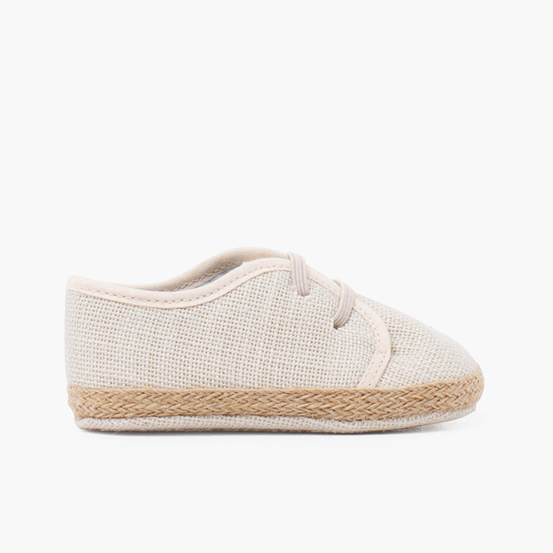Scarpine da bambino in lino e iuta con lacci elastici Ecru