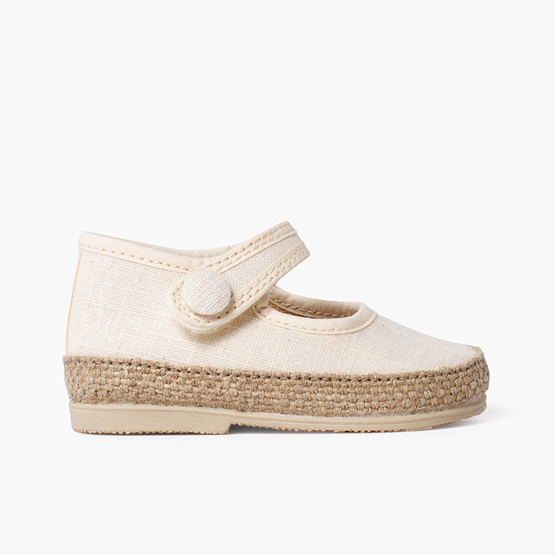Scarpe con cinturino in lino e iuta per bambina con dettaglio di bottone Ecru