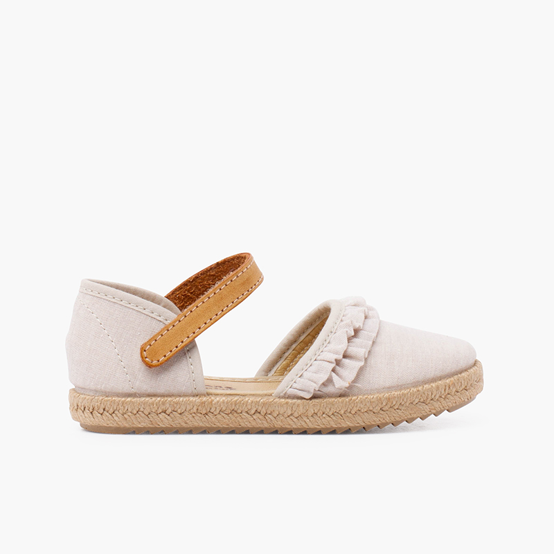 Espadrillas da bambina con balza e cinturino in pelle aderente Beige