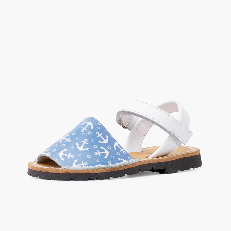 Sandali minorchini bicolore ancore con cinturino a strappo Jeans Bianchi e Blu