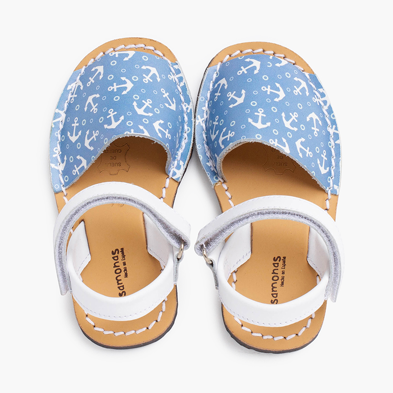 Sandali minorchini bicolore ancore con cinturino a strappo Jeans Bianchi e Blu