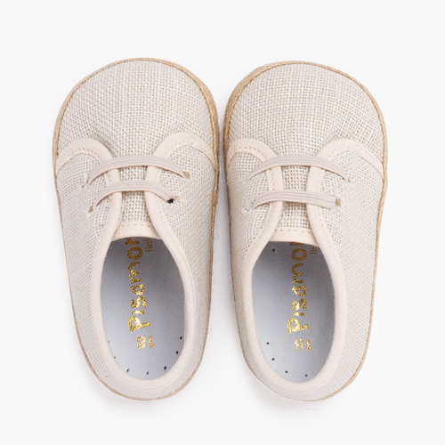Scarpine da bambino in lino e iuta con lacci elastici Ecru