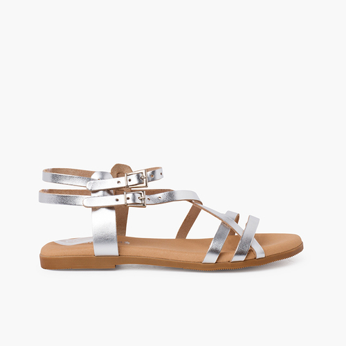 Sandali in pelle metallica con braccialetto donna Argento