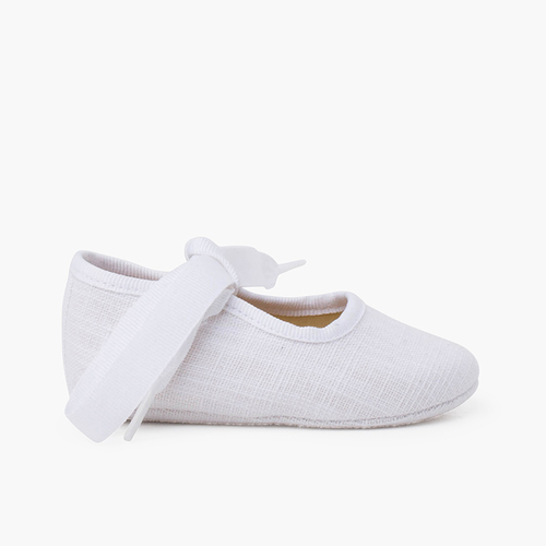Ballerine con cinturino neonata in lino con fiocco faglia Bianco