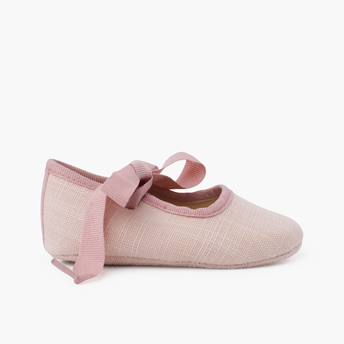 Ballerine con cinturino neonata in lino con fiocco faglia Rosa Antico