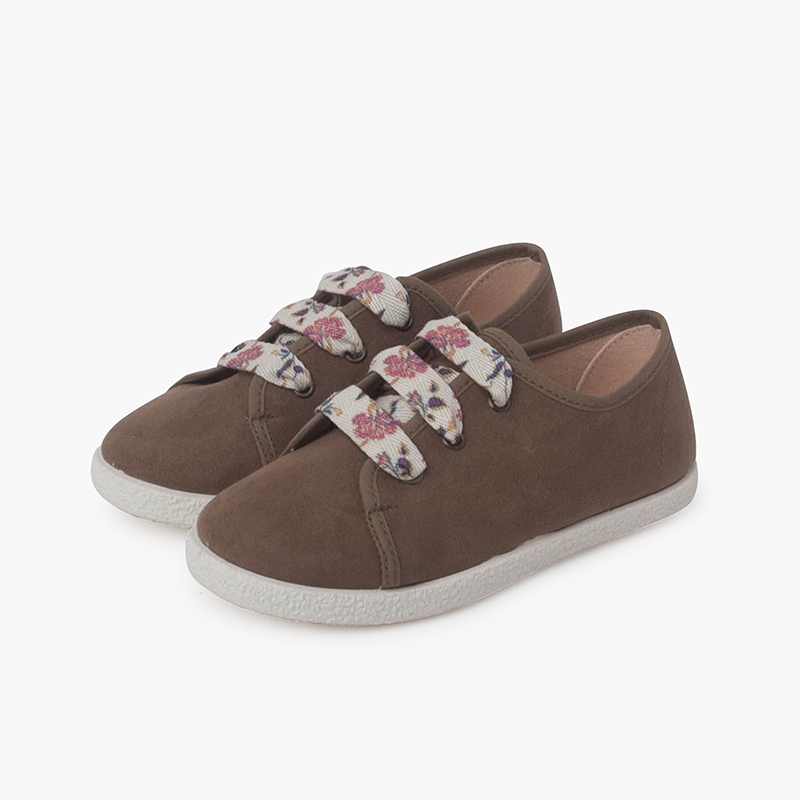 Sneakers lacci fiori effetto scamosciato Taupe