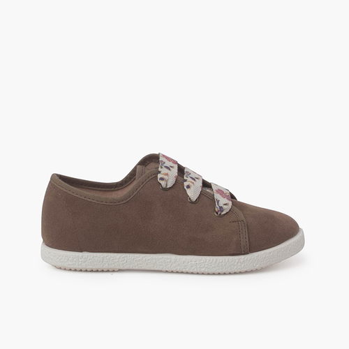 Sneakers lacci fiori effetto scamosciato Taupe