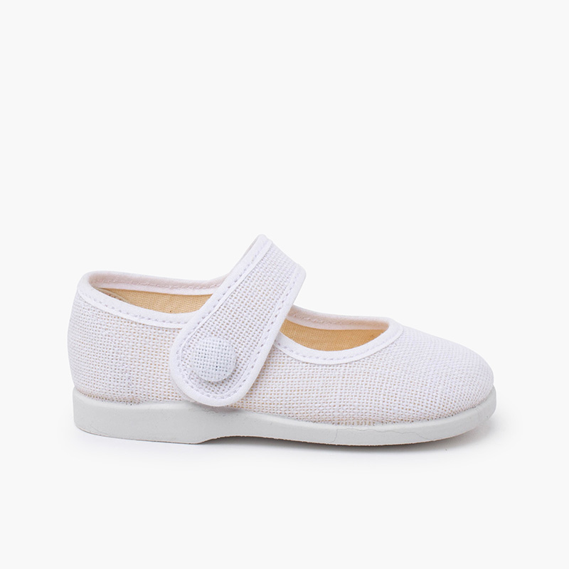 Ballerine con cinturino in lino bottone decorativo Bianco