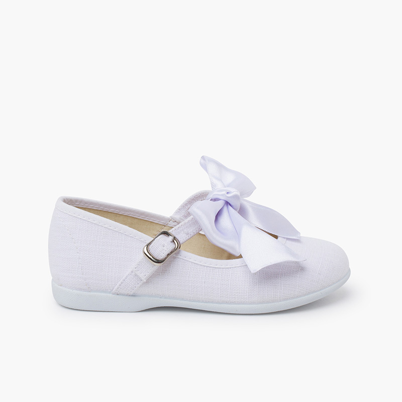 Ballerine con cinturino cerimonia Fiocco raso Bianco