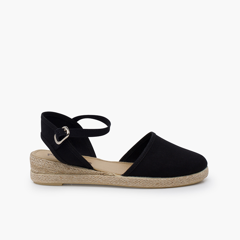 Espadrillas zeppa cinturino con fibbia Nero