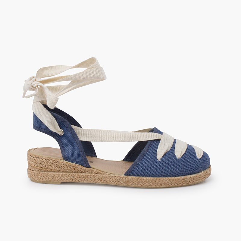 Espadrillas lino goyescas nastri ecru con zeppa  Blu reale