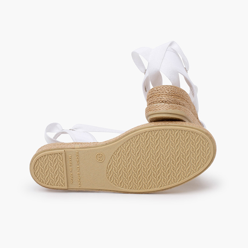 Pisamonas Espadrillas Bambina Con Nastri Ecrù – Suola In Gomma, Punta Rotonda, Taglie 20-34, Made In Spain