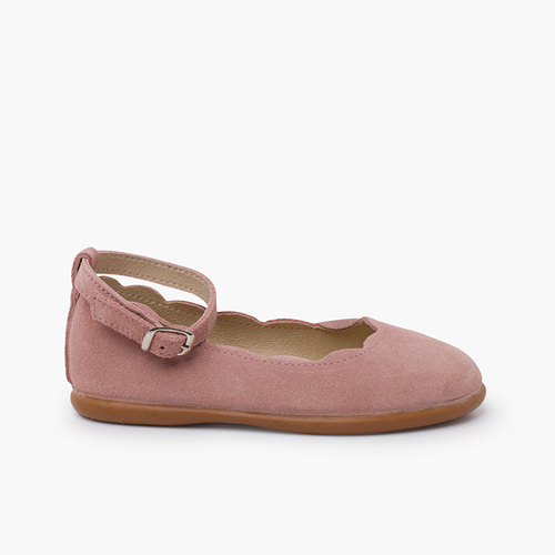 Ballerine Scamosciate con Cinturino Dettaglio Onde  Rosa Pastello