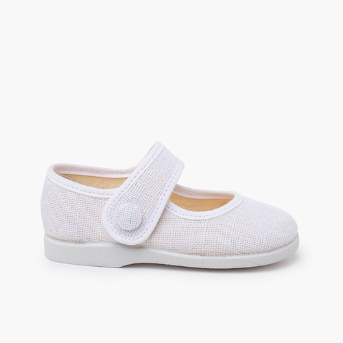 Ballerine con cinturino in lino bottone decorativo Bianco