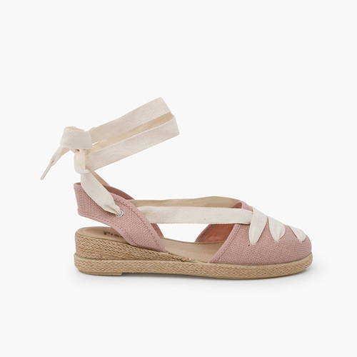 Espadrillas lino goyescas nastri ecru con zeppa  Rosa pallido