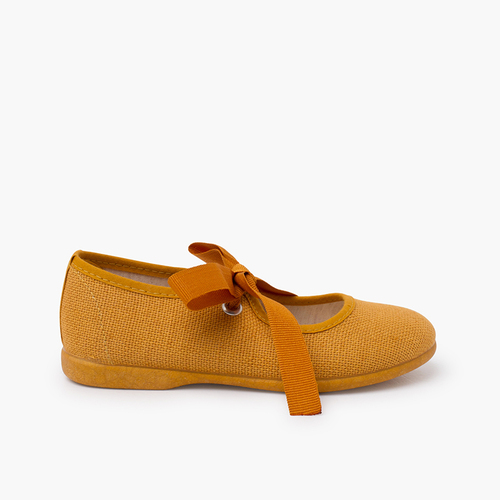 Ballerine di lino chiusura fiocco grosgrain Mostarda
