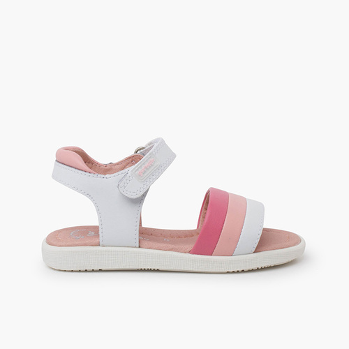 Sandali in pelle bambina bande tricolori Rosa