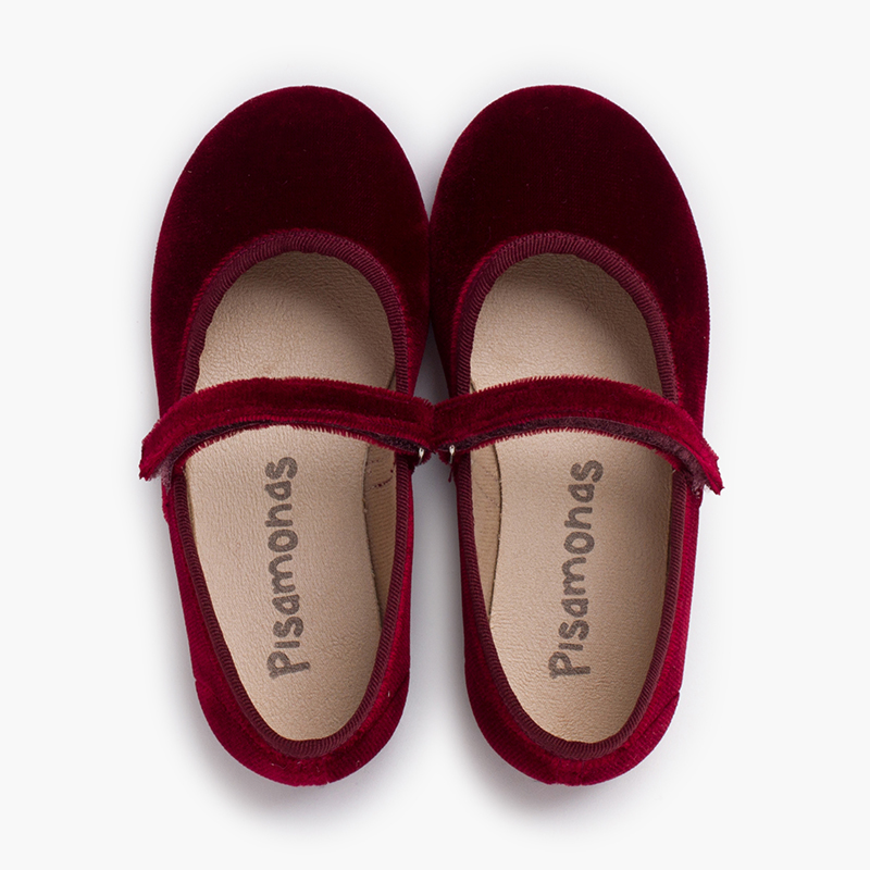 Ballerine velluto bambina cinturino a strappo Bordeaux