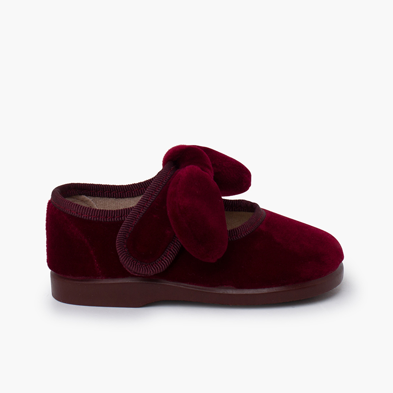 Ballerine con cinturino fiocco velluto chiusura a strappo bambina Bordeaux