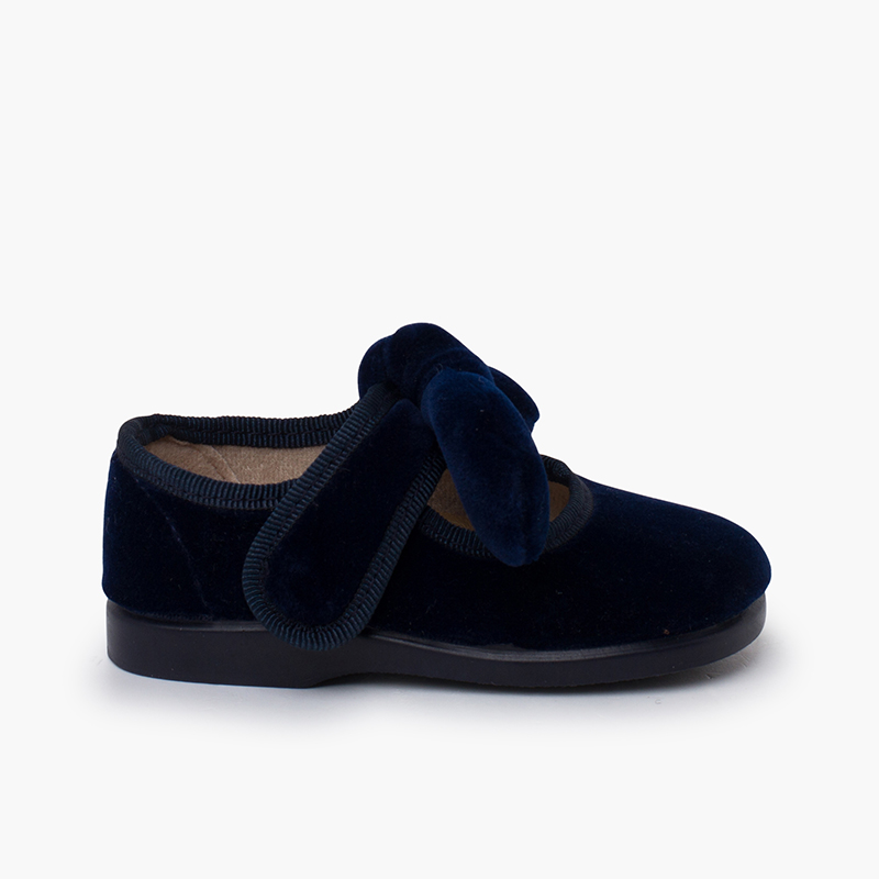 Ballerine con cinturino fiocco velluto chiusura a strappo bambina Blu
