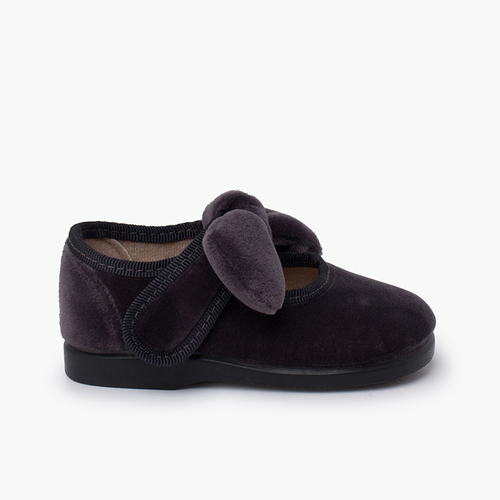Ballerine con cinturino fiocco velluto chiusura a strappo bambina Grigio