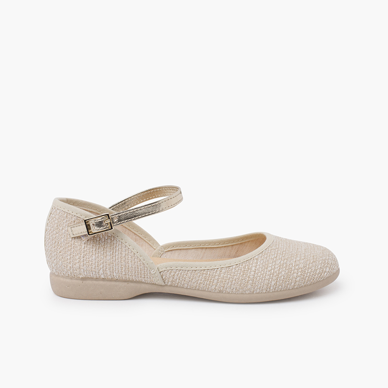 Ballerine scollate tipo lino con cinturino metalizzato Ecru