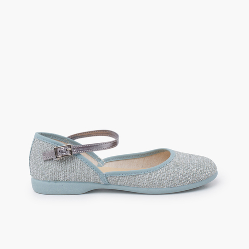 Ballerine scollate tipo lino con cinturino metalizzato Azzurro
