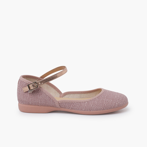 Ballerine scollate tipo lino con cinturino metalizzato Rosa pallido
