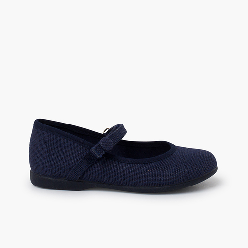 Ballerine in lino con cinturino a strappo e bottone Blu
